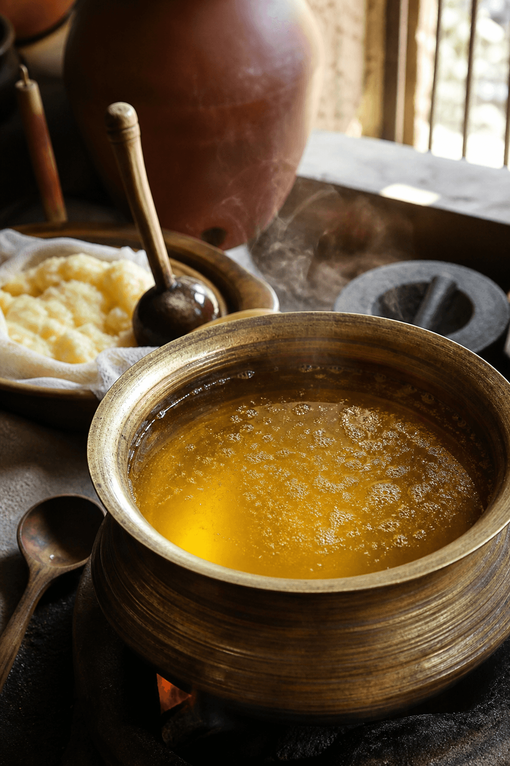 Traditional bilona-style ghee being clarified